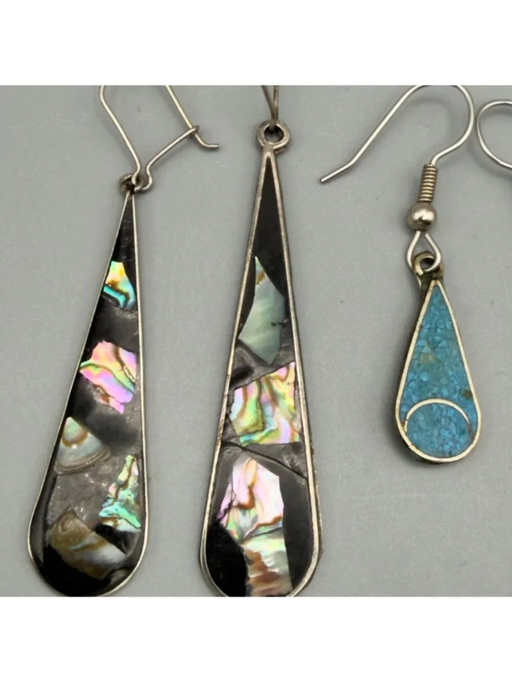 Alpaca Mexican Abalone Teardrop Inlay Dangle Earrings Sterling Silver Multicolor